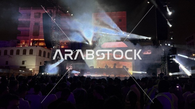 A wide public interaction at the Balad Beast event platform in the historic city of Jeddah, Saudi Arabia, a music and arts festival organized by MDL Beast on January 30, 2026, featuring a musical performance and contemporary artistic experience, with a vibrant celebratory atmosphere, music and art in the heart of Jeddah and close to the Red Sea coast.