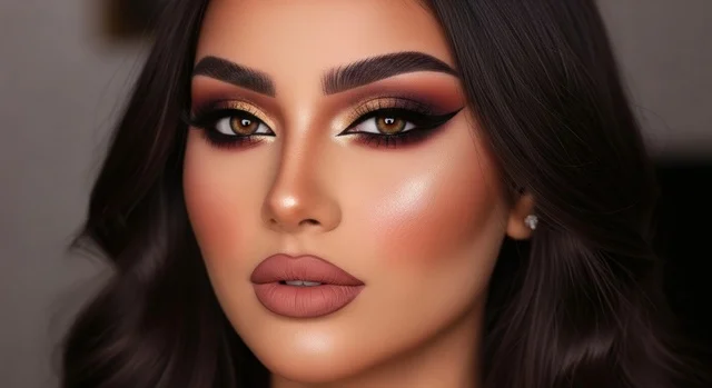 ابراز العيون المكحلة السوداء، إمرأة عربية سعودية خليجيه تنظر الى الكاميرا بتعابير الثقة بالنفس والحدة، نظرات الأنوثه الناعمه، استخدام مستحضرات التجميل والمكياج