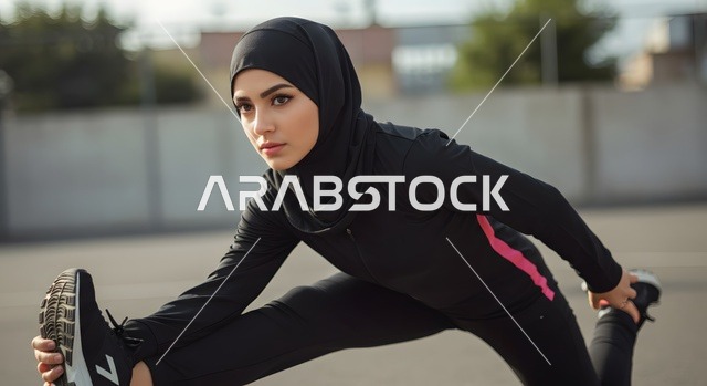ممارسة التمارين والأنشطة الجسدية، عداءة تشارك في مسابقة الجري، الاهتمام بالصحة واللياقة، امرأة عربية خليجية سعودية رياضية محجبة ترتدي الملابس الرياضية تقوم بتمارين الإطالة على مضمار الجري، النظر غلى الكاميرا بتعابيرا التحدي والاستعداد