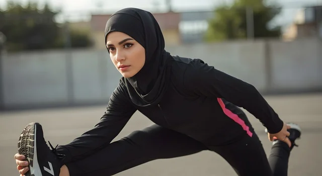 ممارسة التمارين والأنشطة الجسدية، عداءة تشارك في مسابقة الجري، الاهتمام بالصحة واللياقة، امرأة عربية خليجية سعودية رياضية محجبة ترتدي الملابس الرياضية تقوم بتمارين الإطالة على مضمار الجري، النظر غلى الكاميرا بتعابيرا التحدي والاستعداد