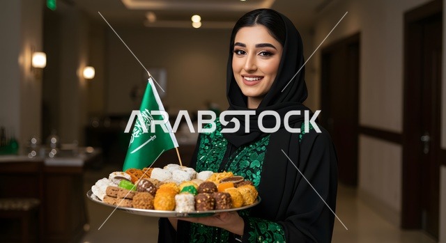 الفخر و الاعتزاز بالانتماء للمملكة, ذكرى العيد الوطني السعودي 23 سبتمبر, صورة مقربة لامرأة عربية سعودية خليجية محجبة ترتدي العباءة السوداء تحمل بيدها طبق حلويات وعلم السعودية للاحتفال بيوم العلم 11مارس، تقف في مطعم راقي