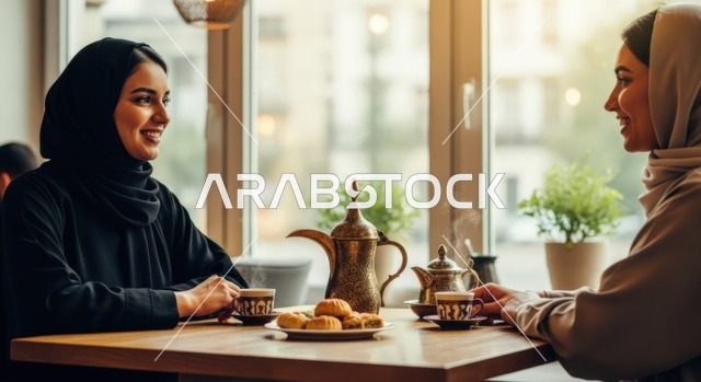 الاستمتاع مع الاصدقاء، تناول القهوة الساخنة، سيدة عربية خليجية سعودية محجبة ترتدي عباءة تجلس مع صديقتها في مقهى راقي ، قضاء وقت ممتع خارج المنزل