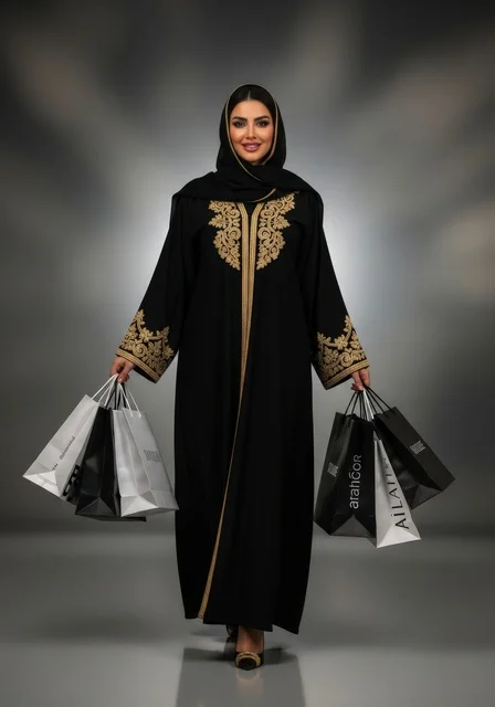 Seasonal offers and discounts in Saudi markets, an Arab Saudi Gulf woman wearing an embroidered black abaya and a hijab confidently displays her shopping bags after a successful shopping trip, embodying modern elegance and modesty, acquiring some essentials and gifts, with a gray background.