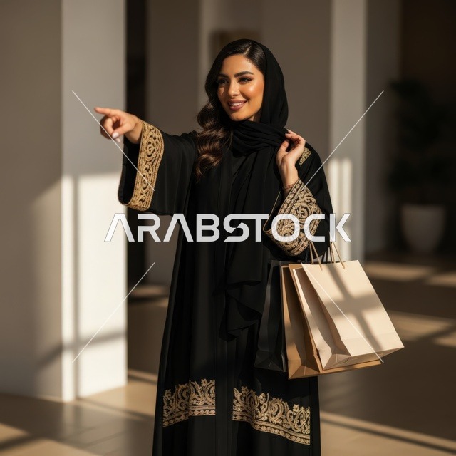 متعة التجول في أسواق ومولات المملكة, عروض وتخفيضات موسمية في الأسواق السعودية، الأناقة العصرية والاستهلاك، سيدة عربية سعودية خليجية محجبة واثقة ترتدي عباءة أنيقة وتشير إلى الأمام بينما تحمل العديد من أكياس التسوق، اقتناء بعض المستلزمات والهدايا، خلفية رمادي