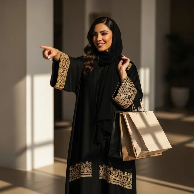 The pleasure of wandering through the markets and malls of the Kingdom, seasonal offers and discounts in Saudi markets, modern elegance and consumption, a confident Arab Saudi Gulf woman in a hijab wearing an elegant abaya pointing forward while carrying many shopping bags, acquiring some necessities and gifts, gray background.