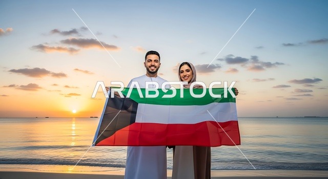 يوم الاتحاد 2 ديسمبر، مفهوم حب الوطن والانتماء إليه، الاحتفال بالأعياد والمناسبات الوطنية، إمرأة عربية خليجية اماراتية ترتدي الحجاب والعباءة تمسك بيدها علم الامارات العربية المتحدة برفقة زوجها، ذكرى يوم العلم 3 نوفمبر, إحياء ذكرى اليوم الوطني الاماراتي 1971