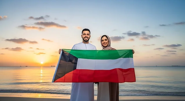 يوم الاتحاد 2 ديسمبر، مفهوم حب الوطن والانتماء إليه، الاحتفال بالأعياد والمناسبات الوطنية، إمرأة عربية خليجية اماراتية ترتدي الحجاب والعباءة تمسك بيدها علم الامارات العربية المتحدة برفقة زوجها، ذكرى يوم العلم 3 نوفمبر, إحياء ذكرى اليوم الوطني الاماراتي 1971