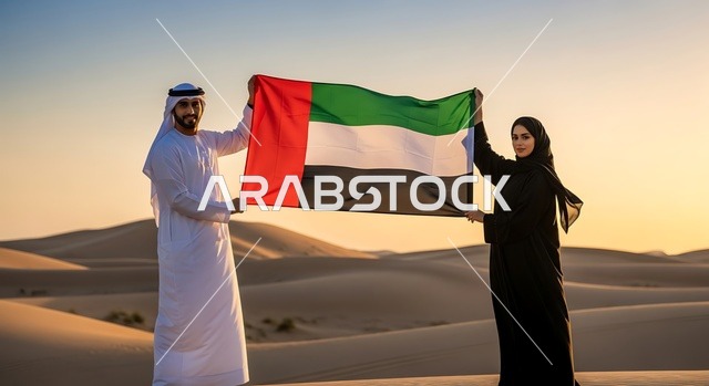 يوم الاتحاد 2 ديسمبر، مفهوم حب الوطن والانتماء إليه، الاحتفال بالأعياد والمناسبات الوطنية، إمرأة عربية خليجية اماراتية ترتدي الحجاب والعباءة تمسك بيدها علم الامارات العربية المتحدة برفقة زوجها، ذكرى يوم العلم 3 نوفمبر, إحياء ذكرى اليوم الوطني الاماراتي 1971