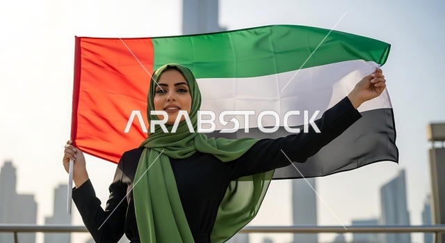 يوم الاتحاد 2 ديسمبر، مفهوم حب الوطن والانتماء إليه، الاحتفال بالأعياد والمناسبات الوطنية، إمرأة عربية خليجية اماراتية ترتدي الحجاب والعباءة تمسك بيدها علم الامارات العربية المتحدة، ذكرى يوم العلم 3 نوفمبر, إحياء ذكرى اليوم الوطني الاماراتي 1971