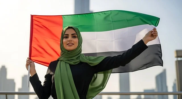 Union Day is on December 2nd, the concept of love for the homeland and belonging to it, celebrating national holidays and occasions, an Arab Gulf Emirati woman wearing a hijab and abaya holding the flag of the United Arab Emirates in her hand, the commemoration of Flag Day on November 3rd, and the celebration of the UAE National Day in 1971.