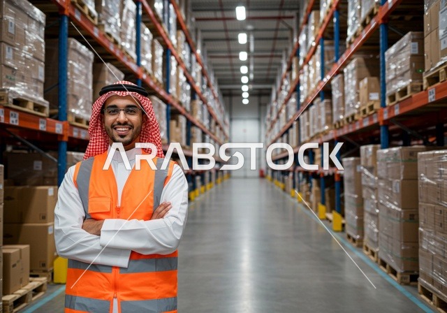 Receiving and storage operations, the concept of inventory management, distribution and service center, warehouses of laboratories and factories in the Kingdom of Saudi Arabia, an Arab Gulf Saudi warehouse worker wearing a safety vest standing with crossed arms, boxes and cartons wrapped inside the warehouse.