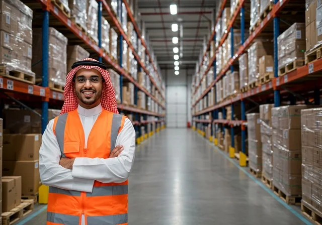 Receiving and storage operations, the concept of inventory management, distribution and service center, warehouses of laboratories and factories in the Kingdom of Saudi Arabia, an Arab Gulf Saudi warehouse worker wearing a safety vest standing with crossed arms, boxes and cartons wrapped inside the warehouse.