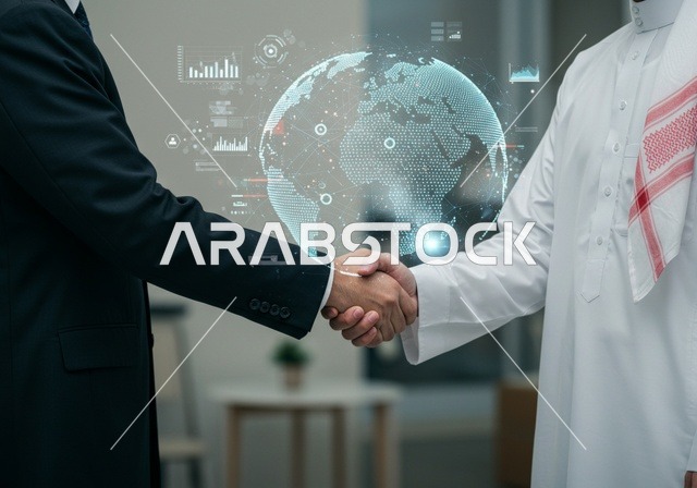 Handshake and intertwined hands, a close-up image of two Saudi Arabian Gulf Arab men shaking hands for the success of the deal inside the company headquarters, a new employment contract agreement, professions and business activities, a successful Saudi company, work environment, colleagues, company management.