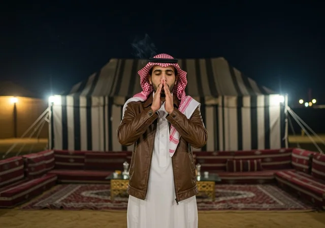 ايماءات البرد الشديد، مخيمات سياحية في المناطق البرية، كشتة و جلسة بر شبابية، التخييم في صحاري السعودية، رجل عربي خليجي سعودي يرتدي الثوب والشماغ التقليدي في خيمة بدوية شعبية وسط الصحراء، الأجواء الشتوية الهادئة في وقت الليل، عادات تقديم القهوة العربية الساخنة