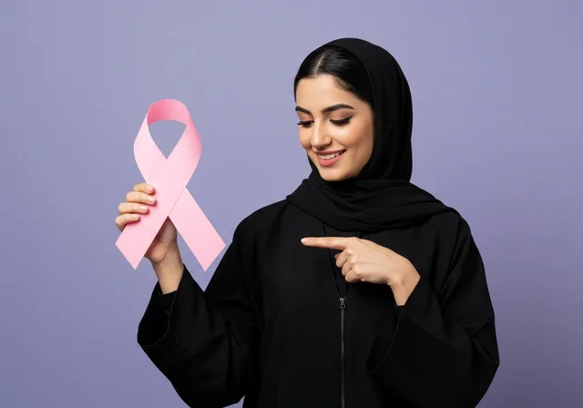 الاشارة الى الشريط الوردي بايماءات السعادة ،بورتريه مقرب لإمرأة عربية خليجية سعودية ترتدي الحجاب والعباءة السوداء ، حملة توعية للكشف المبكر عن سرطان الثدي