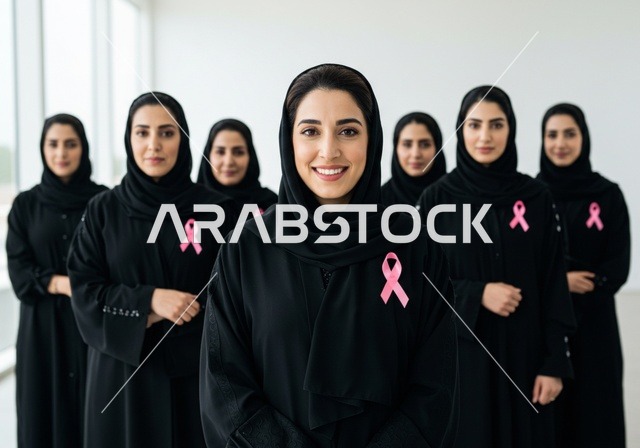 A group of Saudi Gulf Arab women wearing abayas, hijabs, and pink ribbons, focusing on the disease and early detection, challenging malignant diseases, symbol of the global women's campaign, World Awareness Day for Breast Cancer Detection.