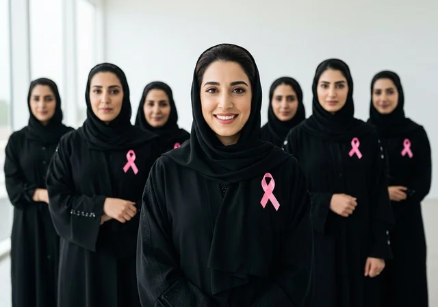 A group of Saudi Gulf Arab women wearing abayas, hijabs, and pink ribbons, focusing on the disease and early detection, challenging malignant diseases, symbol of the global women's campaign, World Awareness Day for Breast Cancer Detection.