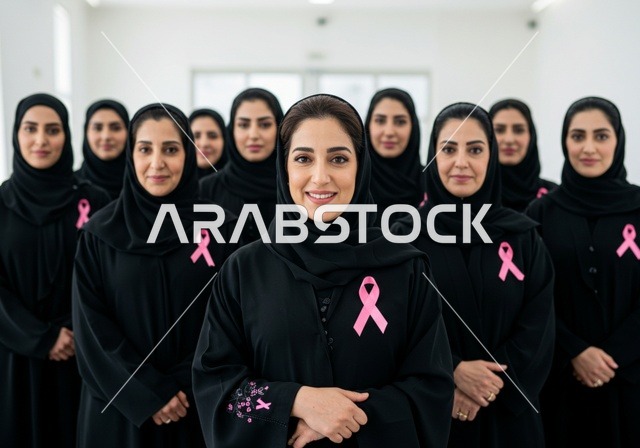 مجموعه من السيدات العربية الخليجية السعودية ترتدي العباءه والحجاب والشريط الوردي ، الاهتمام بالمرض والكشف المبكر،تحدي الامراض الخبيثه، رمز الحملة العالمية النسائية، اليوم العالمي للتوعيه بالكشف عن سرطان الثدي