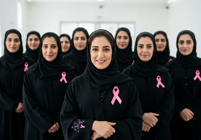 مجموعه من السيدات العربية الخليجية السعودية ترتدي العباءه والحجاب والشريط الوردي ، الاهتمام بالمرض والكشف المبكر،تحدي الامراض الخبيثه، رمز الحملة العالمية النسائية، اليوم العالمي للتوعيه بالكشف عن سرطان الثدي