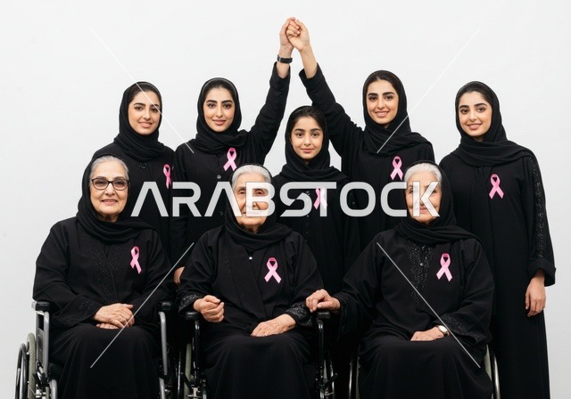 مجموعه من السيدات العربية الخليجية السعودية ترتدي العباءه والحجاب والشريط الوردي ، الاهتمام بالمرض والكشف المبكر،تحدي الامراض الخبيثه، رمز الحملة العالمية النسائية، اليوم العالمي للتوعيه بالكشف عن سرطان الثدي