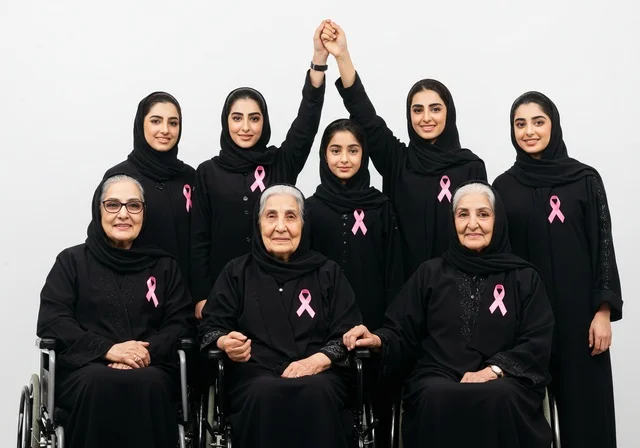 مجموعه من السيدات العربية الخليجية السعودية ترتدي العباءه والحجاب والشريط الوردي ، الاهتمام بالمرض والكشف المبكر،تحدي الامراض الخبيثه، رمز الحملة العالمية النسائية، اليوم العالمي للتوعيه بالكشف عن سرطان الثدي
