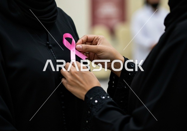 سيدة عربية خليجية سعودية ترتدي العباءه والحجاب تساعد سيده فى ارتداء الشريط الوردي ، شعار الوعي بسرطان الثدي ، الاهتمام بالمرض والكشف المبكر،تحدي الامراض الخبيثه، رمز الحملة العالمية النسائية، اليوم العالمي للتوعيه بالكشف عن سرطان الثدي
