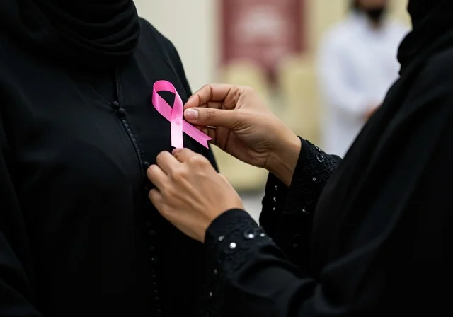 سيدة عربية خليجية سعودية ترتدي العباءه والحجاب تساعد سيده فى ارتداء الشريط الوردي ، شعار الوعي بسرطان الثدي ، الاهتمام بالمرض والكشف المبكر،تحدي الامراض الخبيثه، رمز الحملة العالمية النسائية، اليوم العالمي للتوعيه بالكشف عن سرطان الثدي