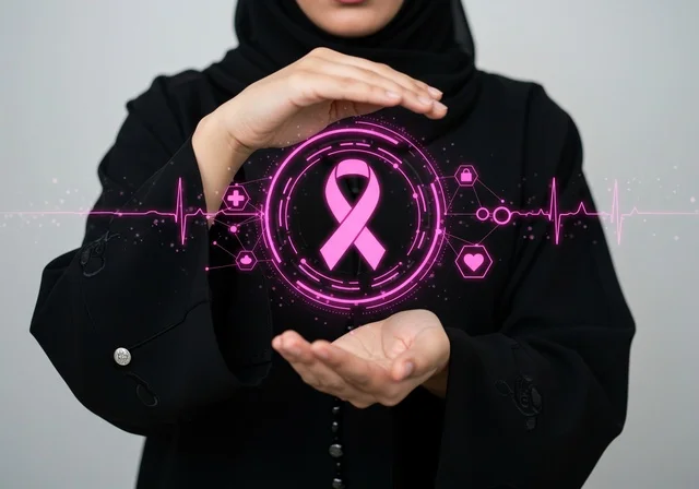 شعار الوعي بسرطان الثدي بتقنية الهولوجرام ، سيدة عربية خليجية سعودية ترتدي العباءه والحجاب ، الاهتمام بالمرض والكشف المبكر،تحدي الامراض الخبيثه، رمز الحملة العالمية النسائية، اليوم العالمي للتوعيه بالكشف عن سرطان الثدي