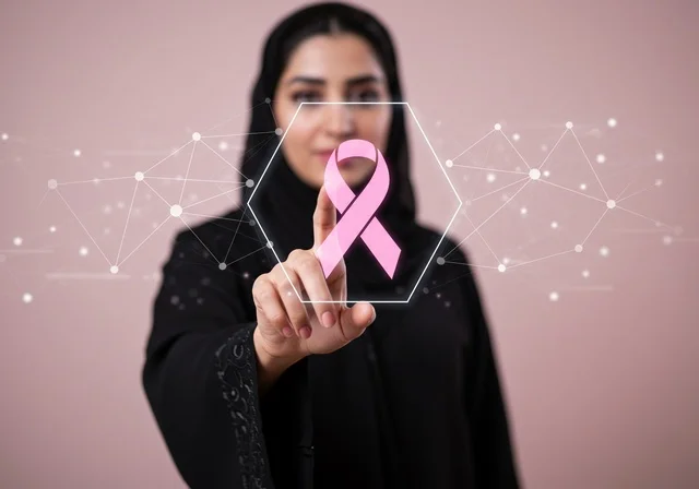 شعار الوعي بسرطان الثدي بتقنية الهولوجرام ، سيدة عربية خليجية سعودية ترتدي العباءه والحجاب ، الاهتمام بالمرض والكشف المبكر،تحدي الامراض الخبيثه، رمز الحملة العالمية النسائية، اليوم العالمي للتوعيه بالكشف عن سرطان الثدي