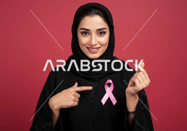 الاشارة الى الشريط الوردي بايماءات السعادة ،بورتريه مقرب لإمرأة عربية خليجية سعودية ترتدي الحجاب والعباءة السوداء ، حملة توعية للكشف المبكر عن سرطان الثدي