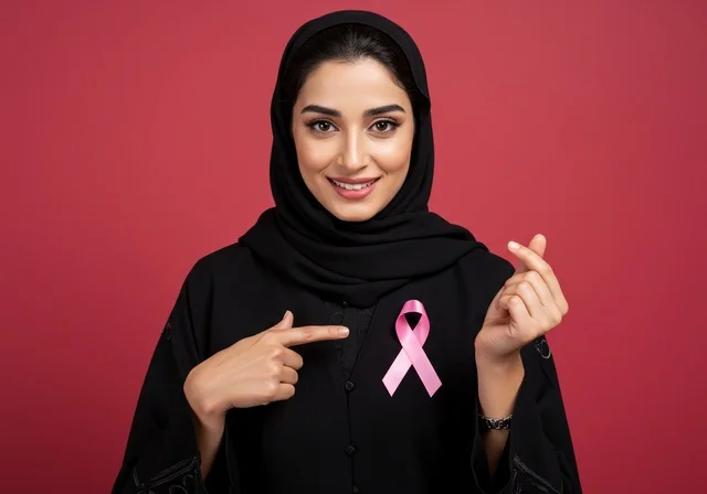 الاشارة الى الشريط الوردي بايماءات السعادة ،بورتريه مقرب لإمرأة عربية خليجية سعودية ترتدي الحجاب والعباءة السوداء ، حملة توعية للكشف المبكر عن سرطان الثدي