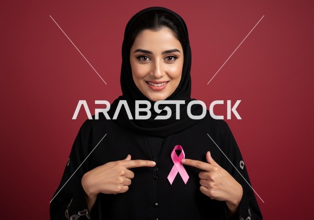 الاشارة الى الشريط الوردي بايماءات السعادة ،بورتريه مقرب لإمرأة عربية خليجية سعودية ترتدي الحجاب والعباءة السوداء ، حملة توعية للكشف المبكر عن سرطان الثدي