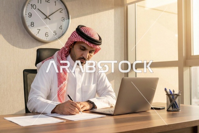 دمج التكنولوجيا والتقنيات الحديثة في القطاع المكتبي والإداري، إدارة الأعمال عبر الحاسوب المحمول، الإشراف على العمل، بورتريه  لرجل عربي خليجي سعودي يرتدي الثوب التقليدي والشماغ يجلس على مكتب عصري وأمامه مجموعة مخططات واوراق