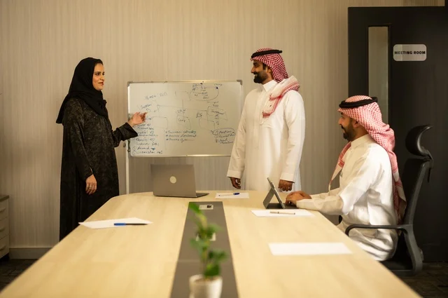 استعمال السبورة لتوضيح العمليات والاجراءات المتبعة في الشركة، العمل الجماعي وروح الفريق، مناقشة خطط العمل، استخدام اللابتوب في تدوين الملاحظات، الاحترافية والتفاني في الإنجاز، فريق عربي خليجي سعودي في اجتماع داخل المكتب، ضمان فهم واضح وشامل للاعمال