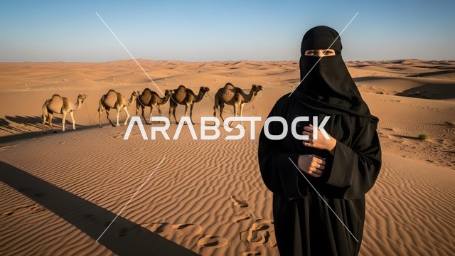مفهوم الجمال والانوثة، إمرأة عربية سعودية خليجية منقبه ترتدي العباءه السوداء, تقف بإستقامه وثقة بالنفس , جلسة تصوير , فتاه سعوديه ، خلفية جمال في الصحراء