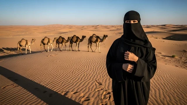 The concept of beauty and femininity, a Saudi Arabian Gulf woman in a niqab wearing a black abaya, standing upright and confidently, a photoshoot, a Saudi girl, with a beautiful desert background.