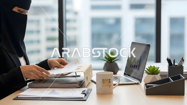 Monitoring charts and graphs through a laptop, analyzing financial and banking data, integrating advanced technology with work, the global stock market, trading digital currency, an Arab Gulf Saudi Muslim woman in a niqab wearing a black abaya using a laptop, Saudi Vision 2030.