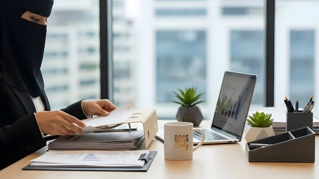 مراقبة الرسوم والمخططات البيانيه من خلال جهاز الحاسوب المحمول، تحليل البيانات المالية والمصرفية، دمج التكنولوجيا المتطورة مع العمل، سوق البورصة العالمي، تداول العملة الرقمية،  امرأة عربية خليجية سعودية مسلمة منقبة ترتدي العباءة السوداء تستخدم جهاز اللابتوب ، رؤية سعودية مستقبلية 2030