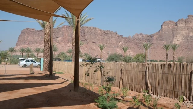 قرية العلا التراثية شمال غرب المملكة العربية السعودية، منظر علوي لمدينة العُلا والجبال المحيطة بها، السياحة في السعودية، المعالم التاريخية والآثرية القديمة في بلدة العلا القديمة، أشجار النخيل بالقرب من المرتفعات الجبلية، واحات السعودية، مباني طينية قديمة