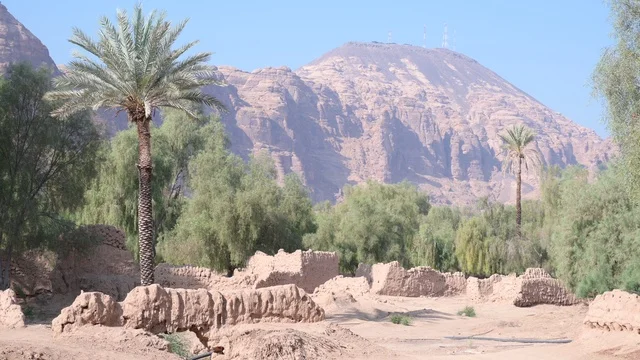 The heritage village of Al-Ula is located in the northwest of the Kingdom of Saudi Arabia, featuring an aerial view of the city of Al-Ula and the surrounding mountains. Tourism in Saudi Arabia includes historical and archaeological landmarks in the old town of Al-Ula, palm trees near the mountainous elevations, Saudi oases, and ancient mud buildings.
