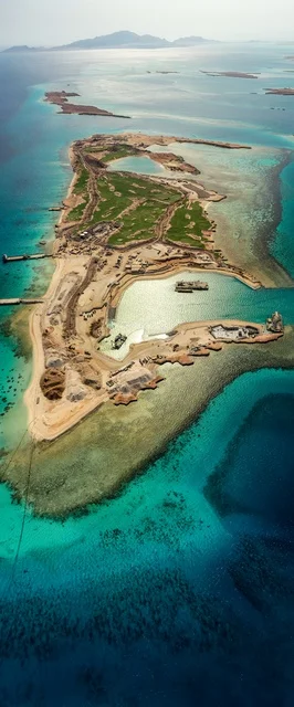 جذب واستقطاب السياح من انحاء العالم ، مياه البحر الأحمر الفيروزية تحيط بالجزيرة ذات الشواطئ البيضاء، صورة جوية لجزيرة سندالة في مشروع نيوم شمال غرب السعودية، التصميم العصري لمنتجعات سندالة ومراسي اليخوت، أنشطة صيفية ترفيهية، منظ طبيعي يجمع بين الفخامة والهدوء