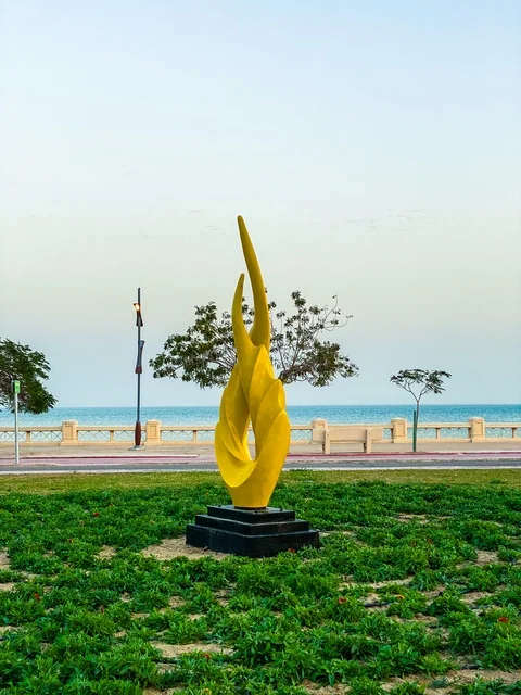 Architectural engineering artworks amidst the marine nature, the Khobar Corniche in the city of Dammam, famous coastal tourist attractions in the Kingdom of Saudi Arabia, areas for recreational marine trips and tours, attracting and drawing tourists from all over the world.