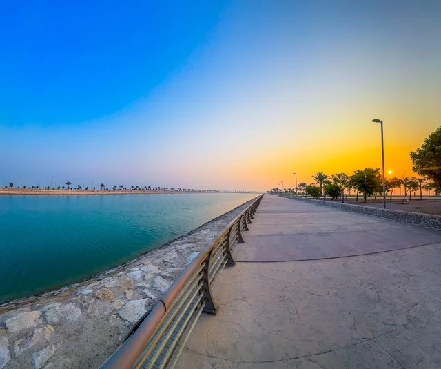 Architectural engineering artworks amidst the marine nature, the Khobar Corniche in the city of Dammam, famous coastal tourist attractions in the Kingdom of Saudi Arabia, areas for recreational marine trips and tours, attracting and drawing tourists from all over the world.