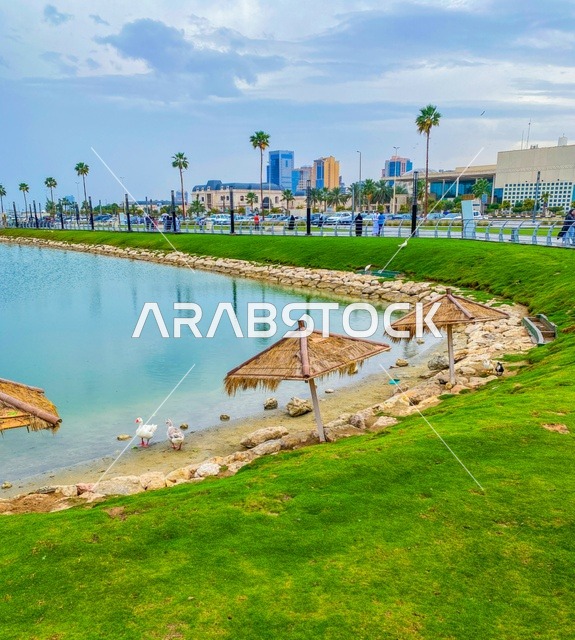 A view of the Khobar Corniche in the city of Dammam, the famous coastal tourist attractions in the Kingdom of Saudi Arabia, areas for recreational trips and marine tours, attracting and drawing tourists from all over the world.