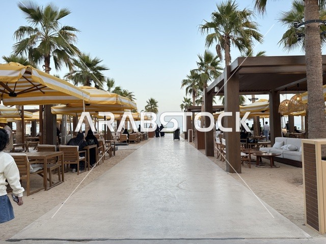 الأشخاص يجلسون ويسترخون في المنطقة، سولت البحر وجهة ترفيهية وشاطئية عائلية تقع على طريق الكورنيش في الخبر في المملكة العربية السعودية، شاطئ رملي مع وجود مظلات وأشجار نخيل، تجديدات إضافية وتطويرات في 3  يناير 2026