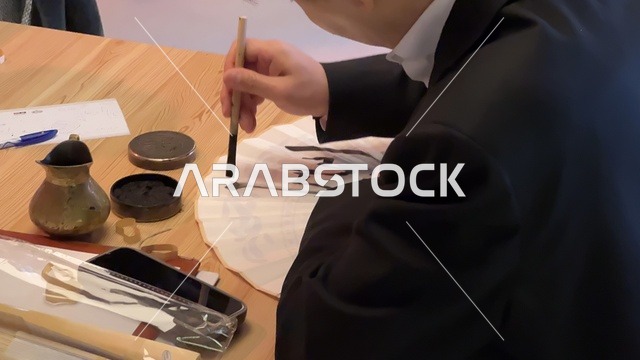 رجل يقوم بتخطيط لوحة بالخط العربي، تجربة الشارع الصيني، فنون أدائية وموسيقية تعكس التبادل الثقافي والحضاري ، تجربة بصرية متكاملة، معرض فني مشترك ، فعالية بين ثقافتين (السعودية والصين) في قاعة  الملفى بمدينة مسك بالرياض يوم 24 ديسمبر 2025 ، عروض فنية حية