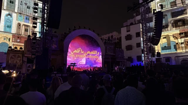 The lively atmosphere and celebrations at the Balad Beast event in the historic city of Jeddah, Saudi Arabia, a music and arts festival organized by MDL Beast on January 30, 2026, featuring a musical performance and contemporary artistic experience, with music and art at the heart of Jeddah and close to the Red Sea coast.