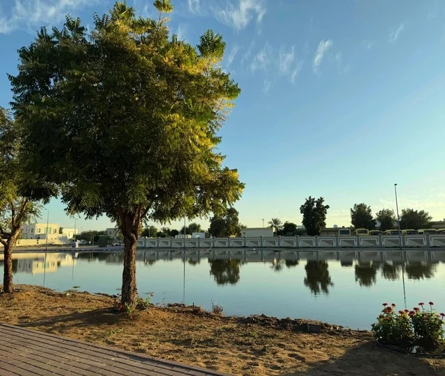 The landscapes in the Kingdom of Saudi Arabia, a tranquil lake surrounded by palm trees and greenery, tourist spots, and developed urban landmarks.