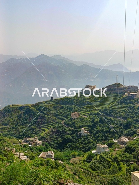 النباتات الخضراء والأشجار على القمم والمرتفعات الجبلية في منطقة جازان،الطبيعة الساحرة في محافظة فيفاء بمنطقة جازان جنوب المملكة العربية السعودية ، الاماكن السياحية المشهورة،  المناظر الطبيعية المتميزة