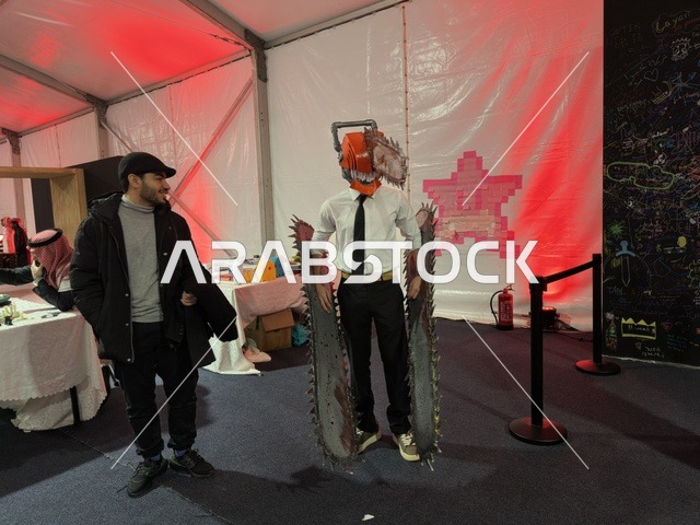 رجل يرتدي زي لعبة تنكري في فعالية جيمينق بلس (+) في جامعة الملك فهد للبترول والمعادن بالظهران، المنطقة الشرقية، المملكة العربية السعودية، يوم 28 من يناير 2026، تجربة ترفيهية رقمية مخصصة لعشّاق الألعاب الإلكترونية، مسابقات وتحديات ألعاب، أجهزة وتقنيات حديثة، مشاركة شبابية واسعة، أجواء حماسية تجمع بين الترفيه والتقنية.